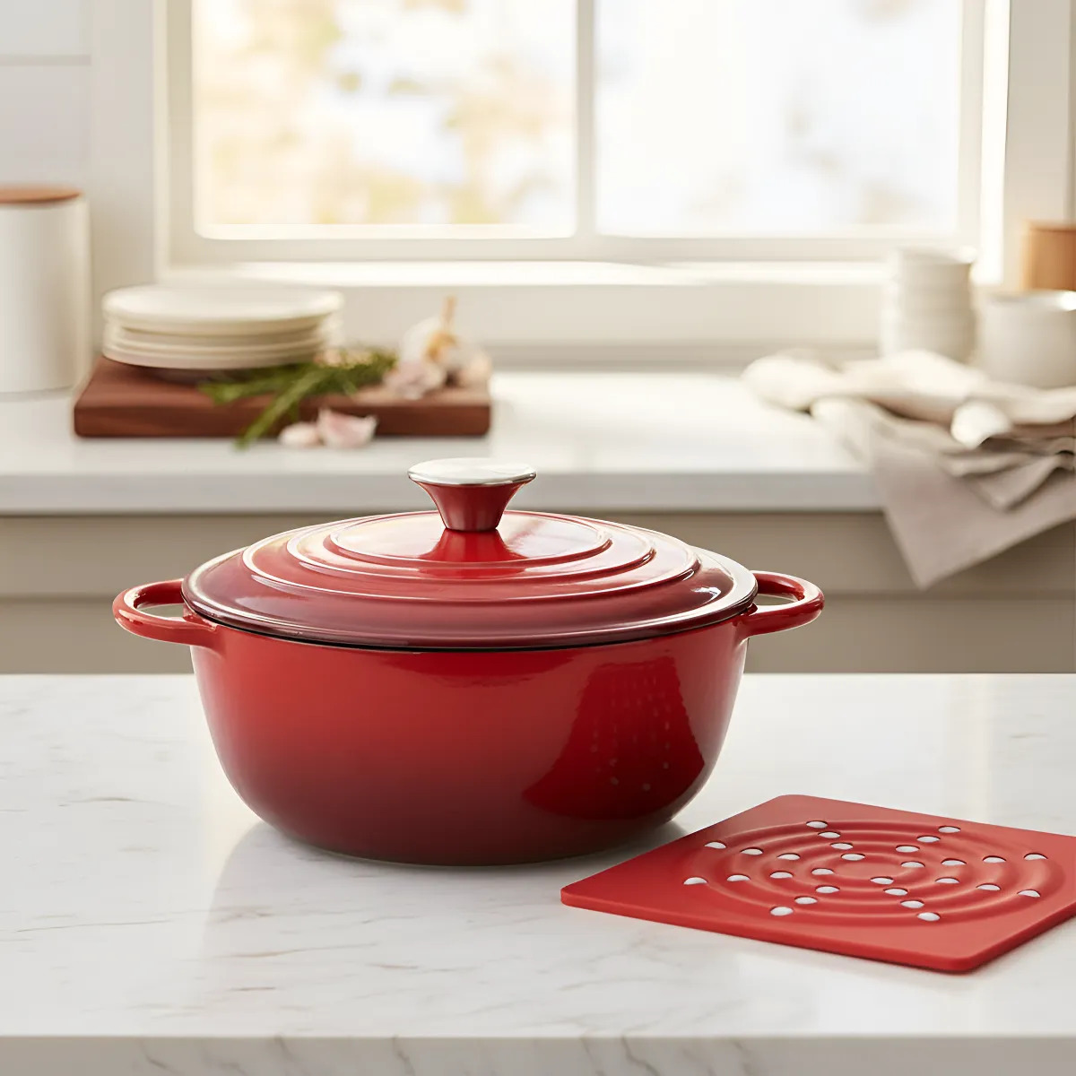 Cacerola Olla De Hierro Fundido Esmaltado 26cm + Posa Fuente