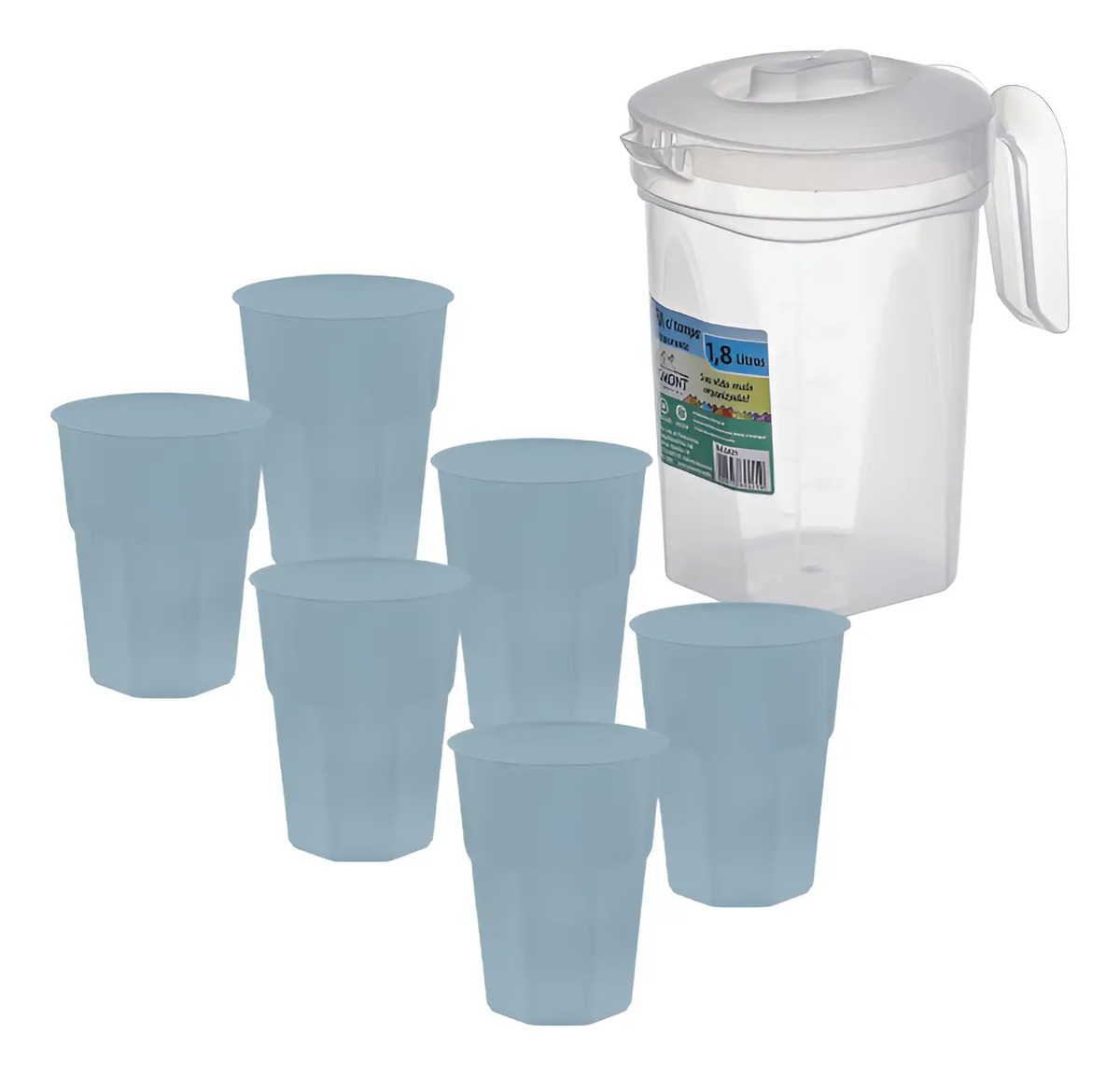 Jarra Plastica Con Tapa 1.8lts + Set 6 Vasos Plastico 260ml