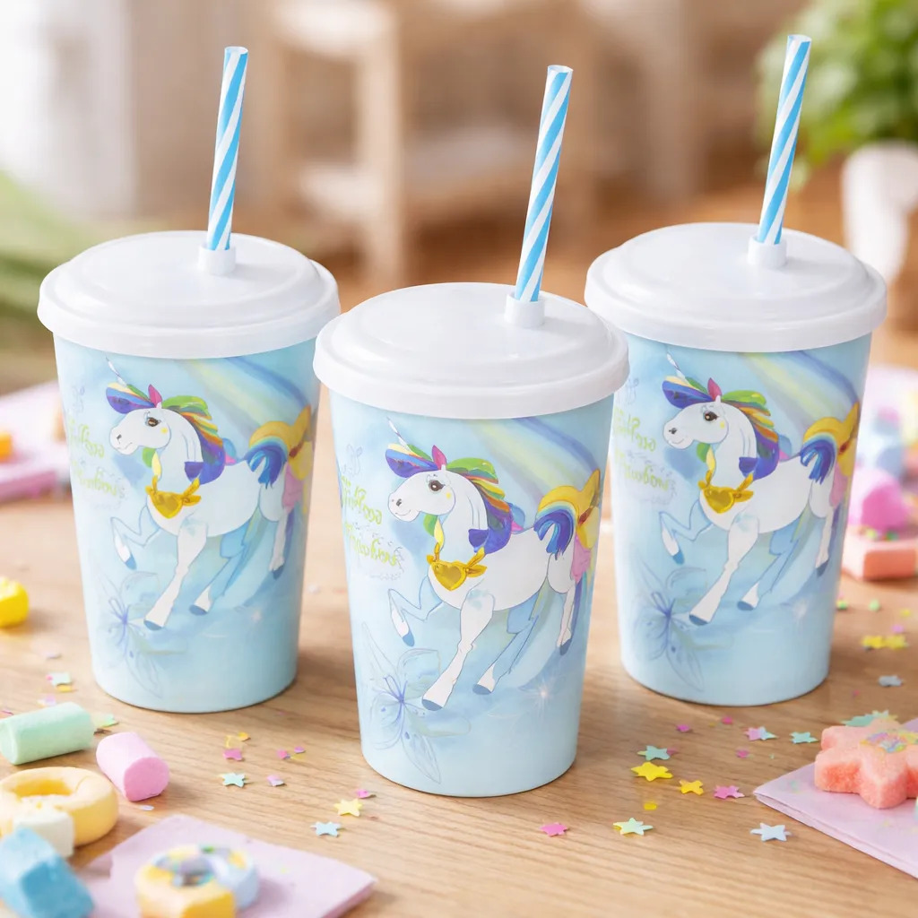 Vaso Infantil De Plastico Con Tapa Y Sorbito 550ml Pack X3