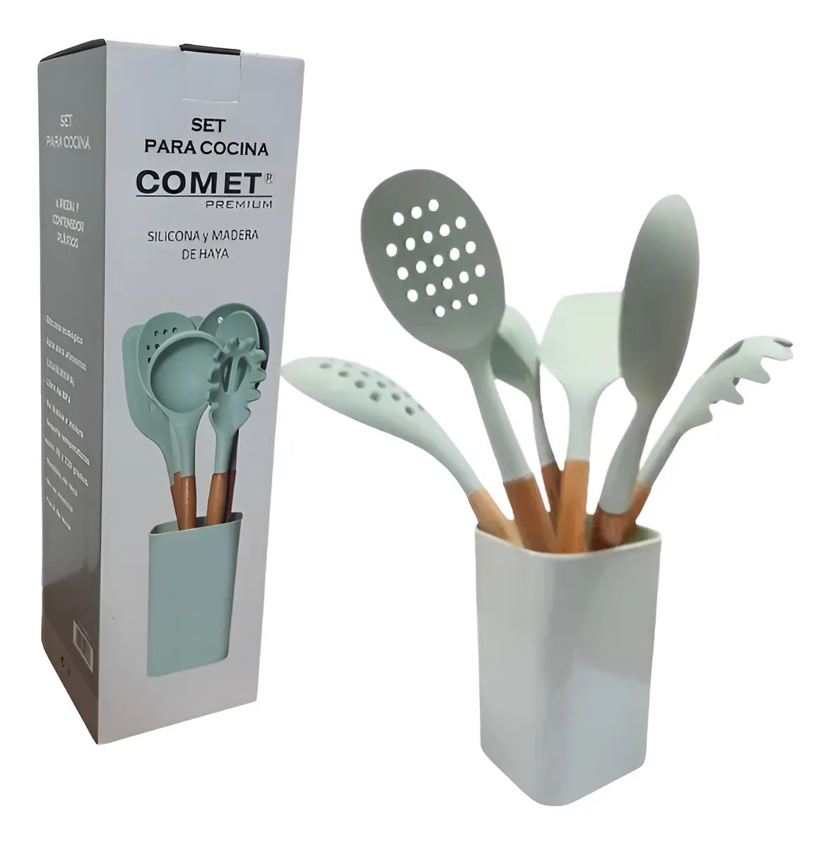 Juego Utensilios De Cocina Madera Y Silicona 6 Pzas+soporte