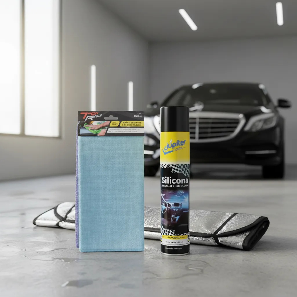 Kit Limpieza Para Auto 3pza Parasol + Silicona Spray + Paños