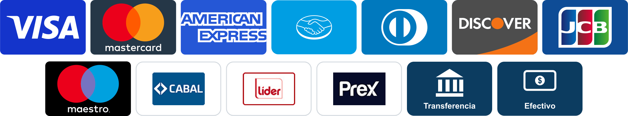 Medios de pago aceptados: Visa, Mastercard, American Express, Mercado Pago, Diners, Discover, JCB, Maestro, Cabal, Líder, Prex, transferencia bancaria y efectivo